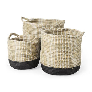 Mercana Maddie Elegant Handwoven Seagrass Baskets for Stylish Storage, Coastal Decor, and Organizing Essentials Brown Seagrass | Black Bottom | Set of 3 69595