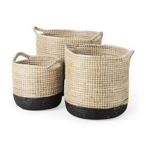 Mercana Maddie 13.8L x 13.8W X 15.0H (Set of 3) Light Brown W/Black Dipped Seagrass Round Basket W/ Handle   69595