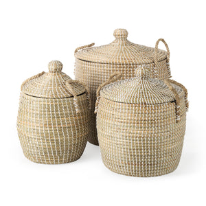 Mercana Olivia 15.7L x 15.7W x 17.3H Set of 3 Beige Seagrass Basket W/Lid and Handles 69613