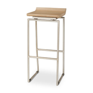 Mercana Givens Stylish Stool with Contoured Wooden Seat and Antiqued Gold Base for Modern Interiors Brown Wood | Silver Metal | Bar 69555