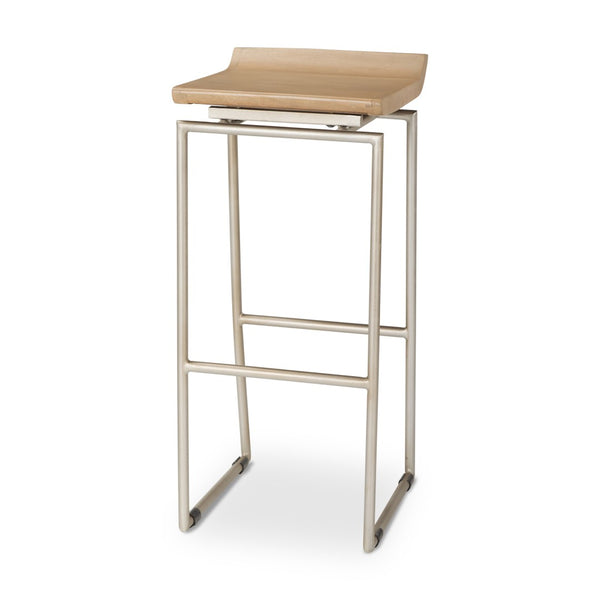 Mercana Givens Stylish Stool with Contoured Wooden Seat and Antiqued Gold Base for Modern Interiors Brown Wood | Silver Metal | Bar 69555