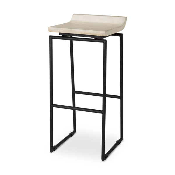 Mercana Givens Stylish Stool with Contoured Wooden Seat and Antiqued Gold Base for Modern Interiors Natural Wood | Black Metal | Bar 69557