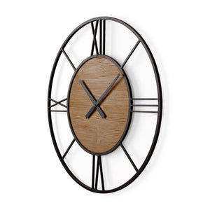 Mercana Brielle 29.9L x 2.1W x 29.9H Black Iron W/Wood Round Wall Clock 69653