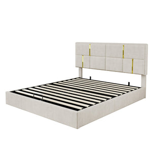 English Elm 2-pieces Queen Platform Bed Set Pu Upholstered Hydraulic Storage with Gold Accent Ottoman N733S362242A
