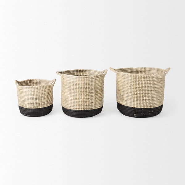 Mercana Maddie Elegant Handwoven Seagrass Baskets for Stylish Storage, Coastal Decor, and Organizing Essentials Brown Seagrass | Black Bottom | Set of 3 69595