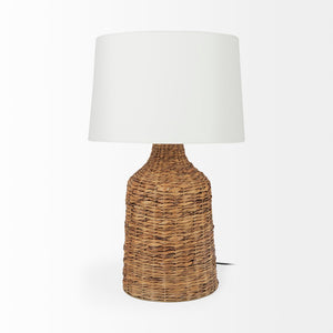 Mercana Campanile Elegant Wicker Table Lamp with Brass Accents and Soft Fabric Shade for Cozy Illumination 69243