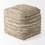 Mercana Aadhya 16.0L x 16.0W x 16.0H Taupe/Silver Leather and Cotton Pouf 69501