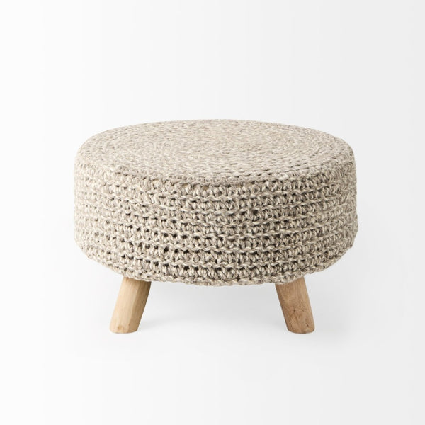 Mercana Bina Versatile Wool Stool with Solid Wood Legs – Timeless Accent for Modern Living Spaces Taupe Wool | Brown Wood | 24L 69512