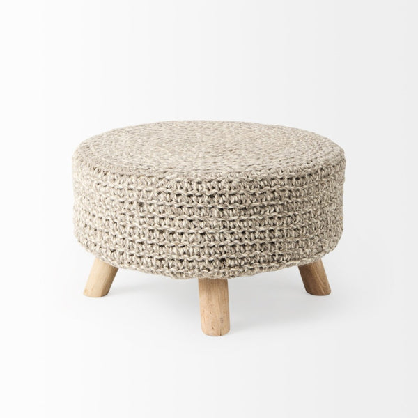 Mercana Bina Versatile Wool Stool with Solid Wood Legs – Timeless Accent for Modern Living Spaces Taupe Wool | Brown Wood | 24L 69512