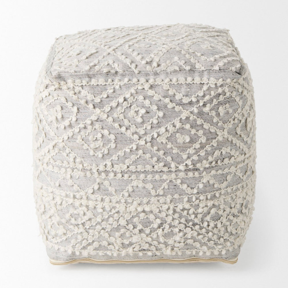 Mercana Farida Light Gray Patterned Pouf - Stylish Accent for Coastal & Modern Farmhouse Interiors, 16" Square 69522