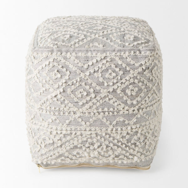 Mercana Farida Light Gray Patterned Pouf - Stylish Accent for Coastal & Modern Farmhouse Interiors, 16" Square 69522