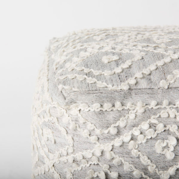 Mercana Farida Light Gray Patterned Pouf - Stylish Accent for Coastal & Modern Farmhouse Interiors, 16" Square 69522