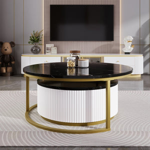 English Elm Modern Round Nesting Coffee Table Fluted with Drawer in Gold Finish — Elegant MDF Top, Space-Saving Design Black N735P254992B