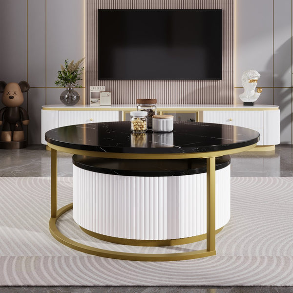 English Elm Modern Round Nesting Coffee Table Fluted with Drawer in Gold Finish — Elegant MDF Top, Space-Saving Design Black N735P254992B
