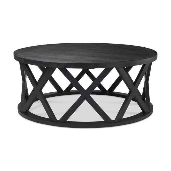 Mercana Forsey Solid Mango Wood Round Coffee Table with Lattice Design for Modern Rustic Living Spaces 69745