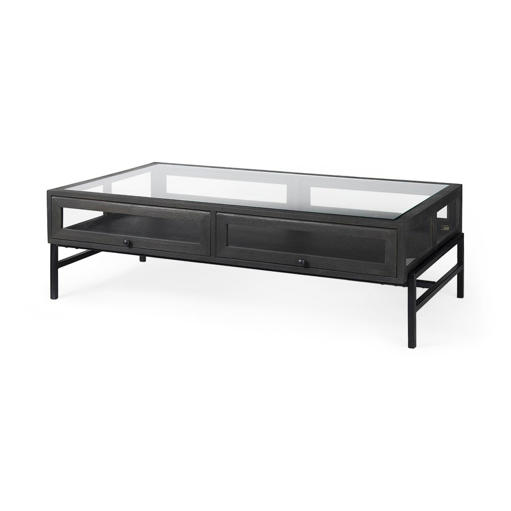 Mercana Arelius 42" Display Coffee Table with Glass Top & Solid Mango Wood Frame for Stylish Living Spaces Black-Brown Wood | Black Metal | Rectangular 69746