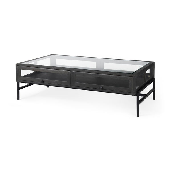 Mercana Arelius 42" Display Coffee Table with Glass Top & Solid Mango Wood Frame for Stylish Living Spaces Black-Brown Wood | Black Metal | Rectangular 69746