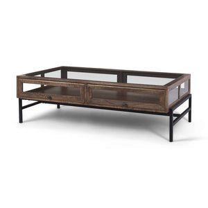 Mercana Arelius 42" Display Coffee Table with Glass Top & Solid Mango Wood Frame for Stylish Living Spaces Medium Brown Wood | Black Metal | Rectangular 69747