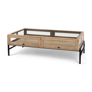 Mercana Arelius 42" Display Coffee Table with Glass Top & Solid Mango Wood Frame for Stylish Living Spaces Light Brown Wood | Black Metal | Rectangular 69748