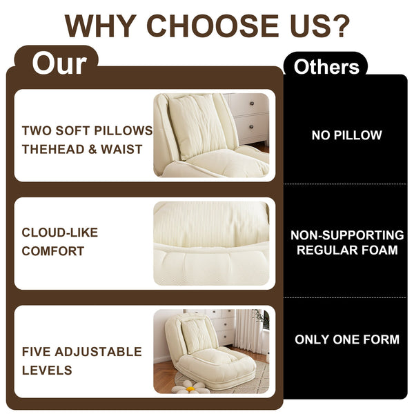 English Elm Upholstered Foldable Lazy Sofa Bed with 5 Recline Positions, Corduroy Tatami Chair with Pillows—Comfortable Space-Saving Lounge for Living Room and Bedroom Off White W2699P324227