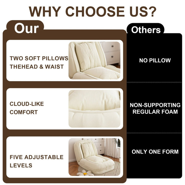 English Elm Upholstered Corduroy Floor Lounger Foldable Sofa Bed with 5 Reclining Positions Off White W2699P410740