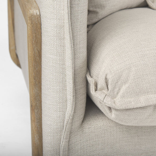 Mercana Roy 84" Upholstered Three-Seater Sofa with Detachable Cushions and Throw Pillows for Ultimate Comfort Beige Fabric | Brown Wood 68700