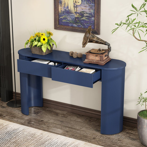 English Elm TREXM Modern Fluted Entryway Table with Oval Top, Two Handleless Drawers and Sleek Minimalist Design Navy N715P233435M