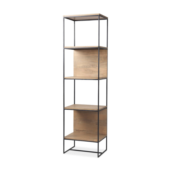 Mercana Morris 4-Shelf Vertical Shelving Unit with Solid Wood and Sleek Metal Frame for Stylish Storage Solutions Brown Wood | Black Metal 69717