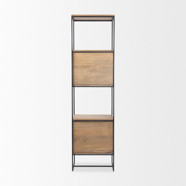 Mercana Morris 4-Shelf Vertical Shelving Unit with Solid Wood and Sleek Metal Frame for Stylish Storage Solutions Brown Wood | Black Metal 69717