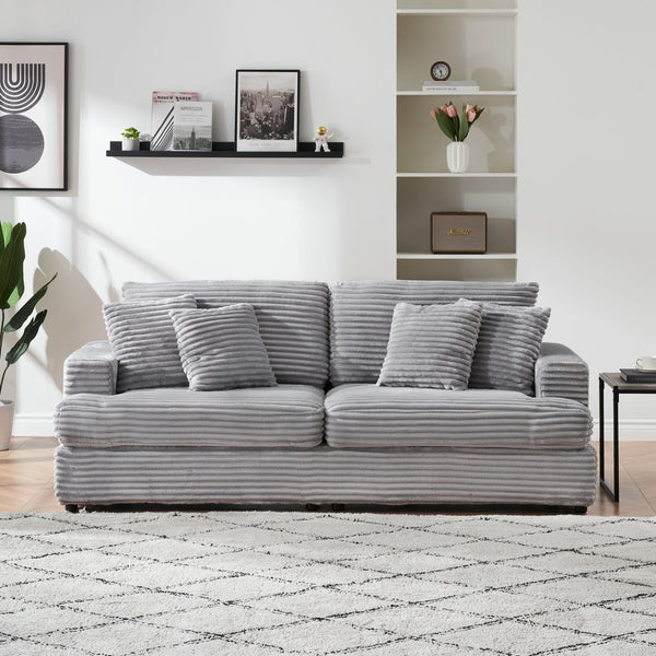 English Elm 79.3 Inch Corduroy Three Seat Sofa with Toss Pillows Modern Low Profile Living Room Couch Gray W1658P200010