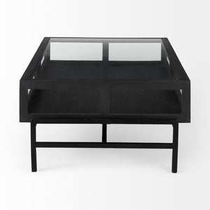 Mercana Arelius 42" Display Coffee Table with Glass Top & Solid Mango Wood Frame for Stylish Living Spaces Black-Brown Wood | Black Metal | Rectangular 69746