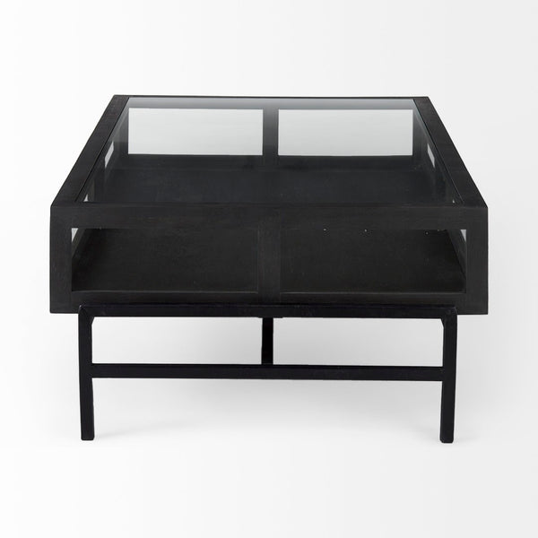 Mercana Arelius 42" Display Coffee Table with Glass Top & Solid Mango Wood Frame for Stylish Living Spaces Black-Brown Wood | Black Metal | Rectangular 69746