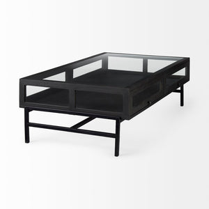 Mercana Arelius 42" Display Coffee Table with Glass Top & Solid Mango Wood Frame for Stylish Living Spaces Black-Brown Wood | Black Metal | Rectangular 69746