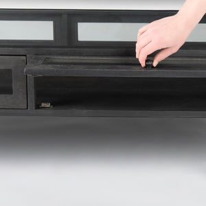 Mercana Arelius 42" Display Coffee Table with Glass Top & Solid Mango Wood Frame for Stylish Living Spaces Black-Brown Wood | Black Metal | Rectangular 69746