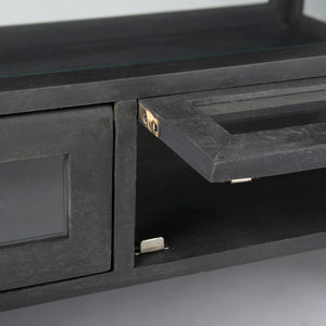 Mercana Arelius 42" Display Coffee Table with Glass Top & Solid Mango Wood Frame for Stylish Living Spaces Black-Brown Wood | Black Metal | Rectangular 69746