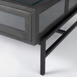 Mercana Arelius 42" Display Coffee Table with Glass Top & Solid Mango Wood Frame for Stylish Living Spaces Black-Brown Wood | Black Metal | Rectangular 69746