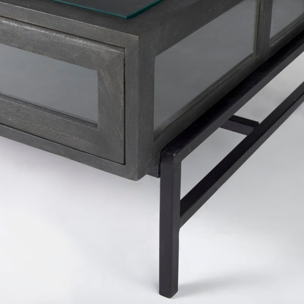 Mercana Arelius 42" Display Coffee Table with Glass Top & Solid Mango Wood Frame for Stylish Living Spaces Black-Brown Wood | Black Metal | Rectangular 69746