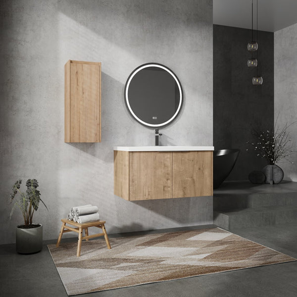 English Elm 36" Wall-Mounted Bathroom Vanity With Soft-Close Sink & Side Cabinet For Stylish Storage Solutions W999S00218