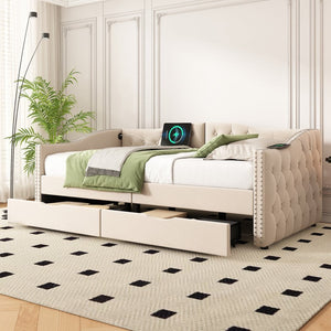 English Elm Upholstered Twin Daybed with Linen Tufted Back Nailhead Arms and Storage Drawers W1670P391274