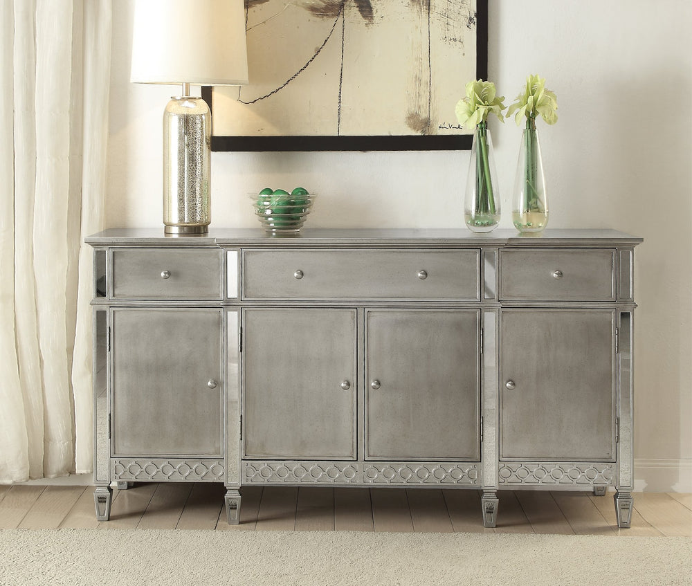 English Elm Kacela Mirrored & Champagne Finish Server with 3 Drawers, 4 Doors, Felt-Lined Storage & Tapered Legs B2726P255374