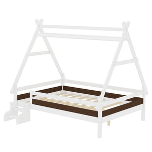 English Elm Twin House Shaped Platform Bed Solid Pine Frame with Built in Stairs for Kids Light White W1580P354720
