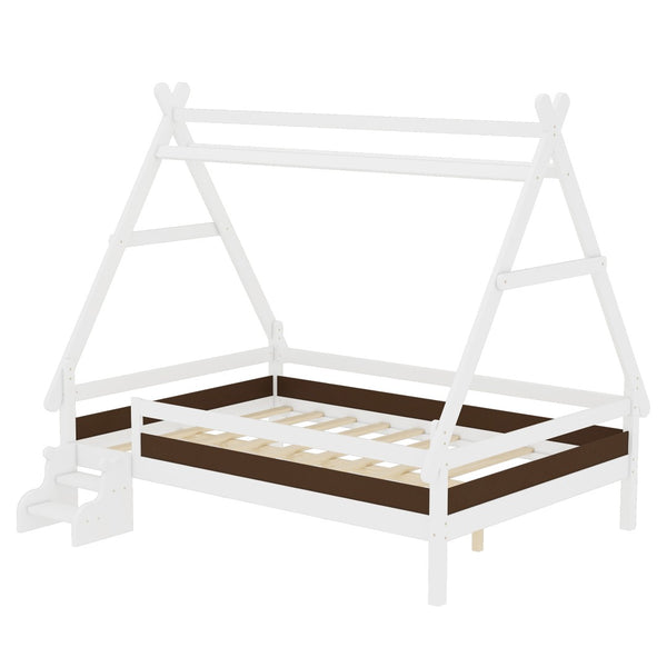 English Elm Twin House Shaped Platform Bed Solid Pine Frame with Built in Stairs for Kids Light White W1580P354720