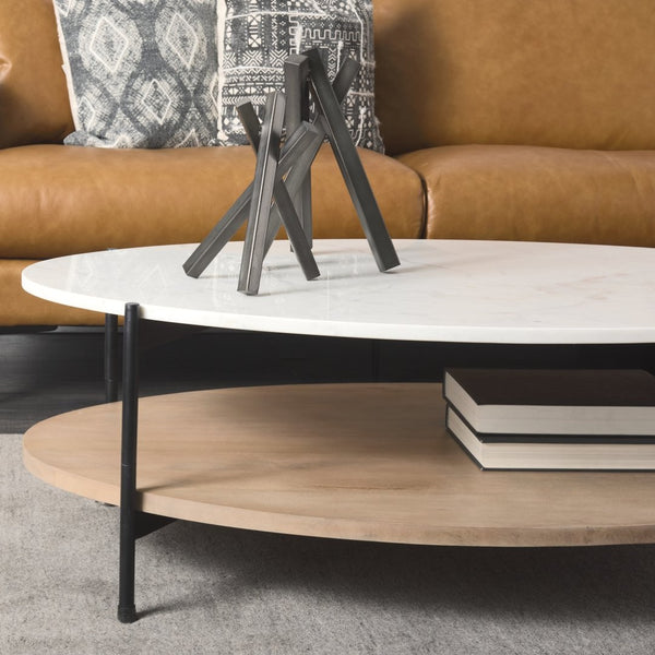 Mercana Larkin Two-Tier Coffee Table with Unique Marble Top and Solid Wood Shelf in Black Metal Frame White Marble | Brown Wood 68489-AB