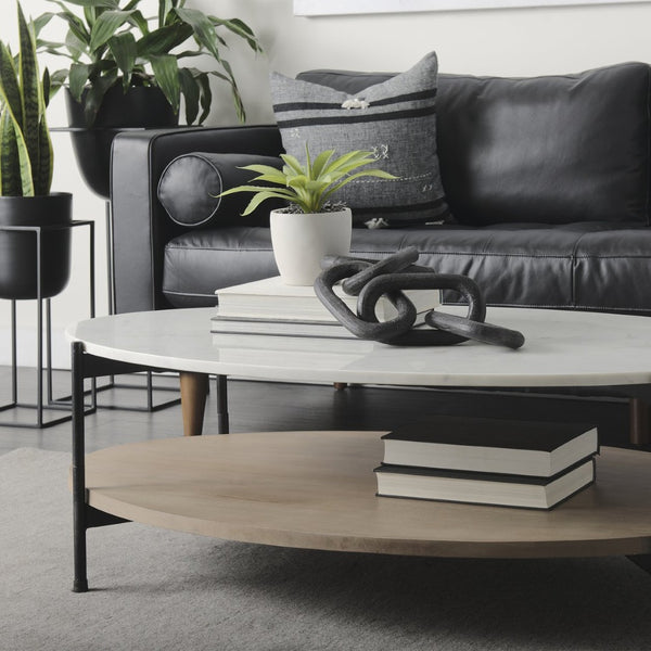 Mercana Larkin Two-Tier Coffee Table with Unique Marble Top and Solid Wood Shelf in Black Metal Frame White Marble | Brown Wood 68489-AB