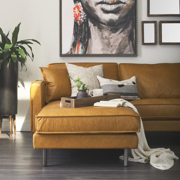 Mercana D'Arcy Mid-Century Modern Sectional Sofa - Luxurious Top-Grain Leather with Stylish Metal Legs Tan Leather | Left Chaise 69647-AB