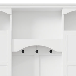 English Elm On-trend Farmhouse Hall Tree with Dual Cabinets Seven Hooks and Arched Entryway Storage White N721S000078K