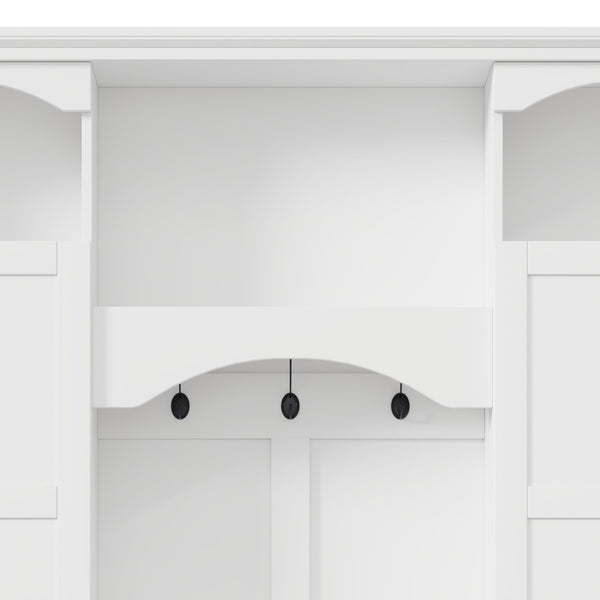 English Elm On-trend Farmhouse Hall Tree with Dual Cabinets Seven Hooks and Arched Entryway Storage White N721S000078K