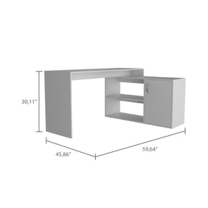 English Elm L-Shaped Desk with Right Return — Spacious 59" Work Surface, Cabinet + Shelves for Office Storage White 34.25 L x 23.62 W x 4.72 H B097S00168