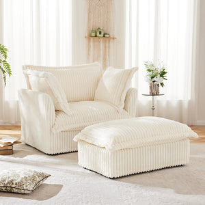 English Elm Upholstered Cream Corduroy Armchair Set With Wide Ottoman & Soft Pillows For Cozy Living Spaces W3041S00016-GIGA
