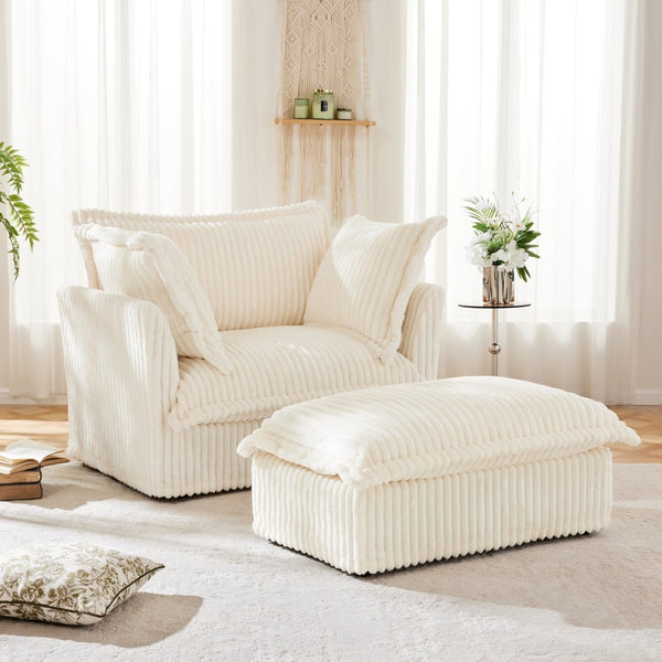 English Elm Upholstered Cream Corduroy Armchair Set With Wide Ottoman & Soft Pillows For Cozy Living Spaces W3041S00016-GIGA